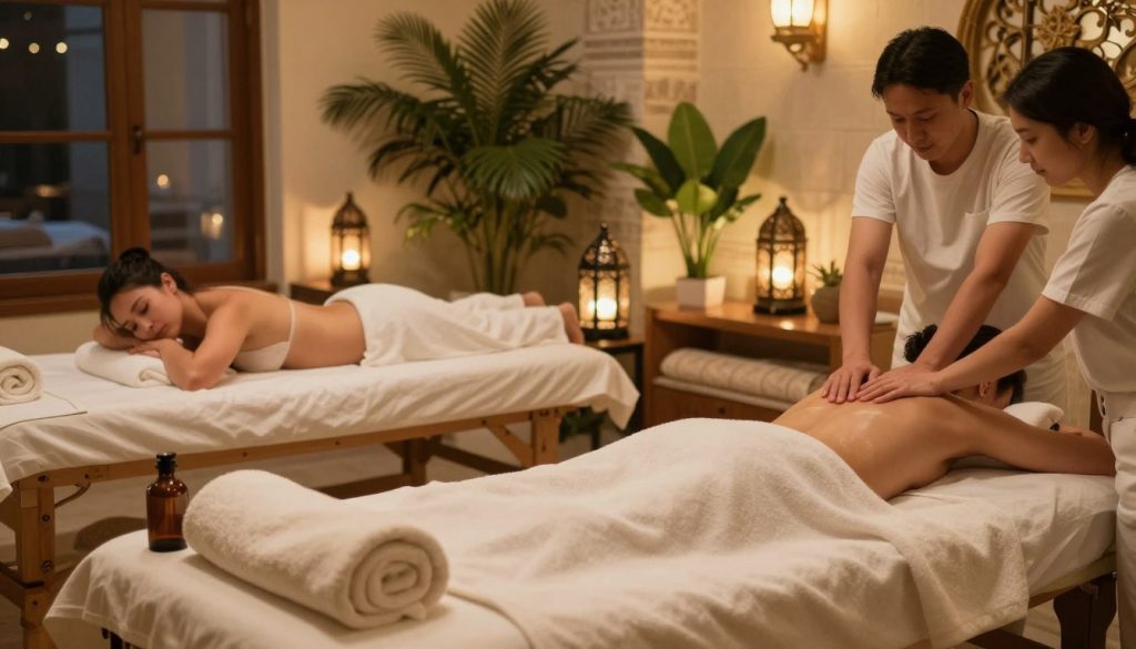 A serene spa setting in Istanbul showcasing various massage types and application areas. In the foreground, a peaceful massage table adorned with fresh towels and aromatic oils, inviting relaxation. The middle layer features elegant decorative elements such as Turkish lanterns and lush plants, creating a tranquil ambiance. The background displays traditional Turkish architecture, hinting at local wellness culture. Soft, warm lighting bathes the scene, creating an inviting atmosphere. A comfortable seating area can be subtly depicted, emphasizing relaxation and healing. The overall mood is calm and rejuvenating, encapsulating the essence of diverse massage therapies available in Istanbul. No human subjects are present, ensuring a focus on the environment and objects.