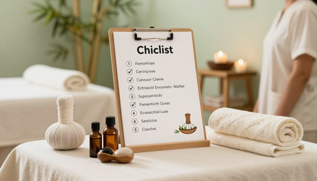 A serene spa setting showcasing essential criteria for selecting a massage therapist. In the foreground, a beautifully arranged table with professional massage tools, oils, and towels. The middle layer includes a thoughtfully designed checklist of qualities such as experience, certifications, and specialization, illustrated with icons. The background features a calming ambiance with soft lighting, natural elements like bamboo plants, and a soothing color palette of greens and creams. The atmosphere evokes relaxation and professionalism, inviting the viewer to consider the importance of well-informed choices. The angle captures the essence of a spa experience without any human presence, focusing entirely on the elements that contribute to the ideal massage therapy environment.