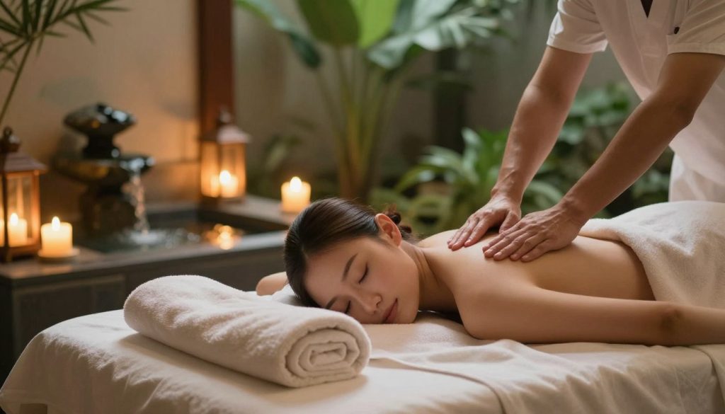 A serene spa setting showcasing the advantages of a single session massage. In the foreground, a beautifully arranged massage table with soft towels and essential oils, reflecting tranquility. In the middle, a calming atmosphere with subtle lighting from candles and soft-glowing lanterns, creating a warm and inviting environment. The background features lush greenery and a small indoor water fountain, adding a sense of nature and relaxation. The overall mood is peaceful and rejuvenating, emphasizing wellness and self-care. The image captures the essence of a single session massage's benefits, promoting relaxation and stress relief without any human presence or text. A serene spa setting showcasing the advantages of a single session massage. In the foreground, a beautifully arranged massage table with soft towels and essential oils, reflecting tranquility. In the middle, a calming atmosphere with subtle lighting from candles and soft-glowing lanterns, creating a warm and inviting environment. The background features lush greenery and a small indoor water fountain, adding a sense of nature and relaxation. The overall mood is peaceful and rejuvenating, emphasizing wellness and self-care. The image captures the essence of a single session massage's benefits, promoting relaxation and stress relief without any human presence or text.