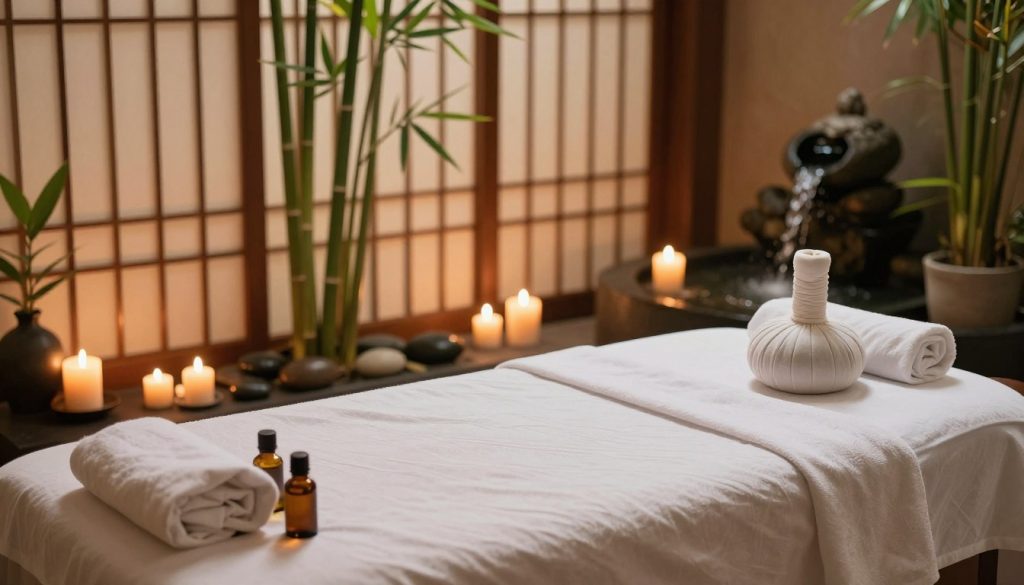 A serene spa setting, showcasing the essence of a Bali, Aroma, and Thai massage experience. In the foreground, a massage table with soft, luxurious cotton sheets, infused with calming essential oils. Surrounding the table, a variety of aromatic candles softly illuminating the scene, casting gentle, flickering light. In the middle ground, elegant bamboo plants and smooth stones enhance the tranquil atmosphere, while a flowing fountain adds the soothing sound of water. In the background, soft light filters through delicate rice paper screens, creating a warm and inviting space. The overall mood is peaceful and rejuvenating, emphasizing relaxation and purity in a natural environment. The image captures the harmonious blend of these massage techniques, inviting viewers into a unique sensory experience. A serene spa setting, showcasing the essence of a Bali, Aroma, and Thai massage experience. In the foreground, a massage table with soft, luxurious cotton sheets, infused with calming essential oils. Surrounding the table, a variety of aromatic candles softly illuminating the scene, casting gentle, flickering light. In the middle ground, elegant bamboo plants and smooth stones enhance the tranquil atmosphere, while a flowing fountain adds the soothing sound of water. In the background, soft light filters through delicate rice paper screens, creating a warm and inviting space. The overall mood is peaceful and rejuvenating, emphasizing relaxation and purity in a natural environment. The image captures the harmonious blend of these massage techniques, inviting viewers into a unique sensory experience.