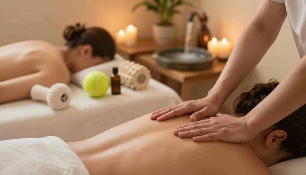 A serene spa setting showcasing various types of massages for neck and shoulder pain relief. In the foreground, a close-up of a massage therapist's hands skillfully applying pressure on a model's shoulder, focusing on tension release techniques. The middle section features an array of massage tools like tennis balls, foam rollers, and essential oils, artistically arranged on a soft, inviting massage table. The background includes calming elements, such as softly lit candles, soothing plants, and a gentle waterfall, creating a tranquil atmosphere. Lighting is warm and soft, casting a relaxing glow over the scene, with a slightly blurred depth of field to emphasize the foreground. The mood is peaceful and restorative, inviting viewers into a realm of relaxation and healing.