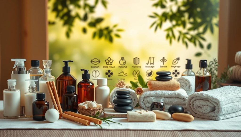 A serene spa setting with a variety of massage therapy tools and techniques arranged in a visually appealing display. Soft lighting illuminates the scene, creating a calming and relaxing atmosphere. The foreground features an assortment of massage oils, lotions, and implements such as bamboo sticks, hot stones, and plush towels. The middle ground showcases different massage modalities like Swedish, deep tissue, and aromatherapy, each represented by a corresponding symbol or icon. The background depicts a tranquil, nature-inspired environment with gentle foliage and soothing colors. The overall composition conveys the diverse range of massage services and the therapeutic benefits they offer.