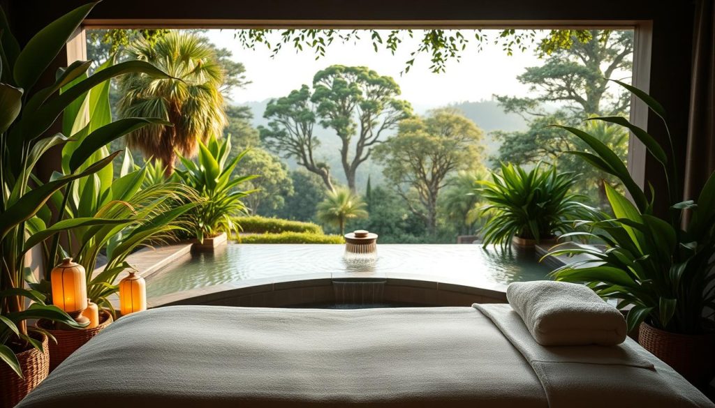 A serene spa setting with lush, verdant plants and soothing natural lighting. A luxurious massage table in the foreground, draped with plush linens and surrounded by essential oil diffusers emitting a calming aroma. In the middle ground, a tranquil water feature with a gently cascading waterfall, its soft sounds creating a peaceful ambiance. The background features a panoramic view of a picturesque garden, with towering trees and a calming color palette of soft greens and natural tones. The overall scene conveys a sense of harmony, rejuvenation, and a high-quality spa wellness experience.