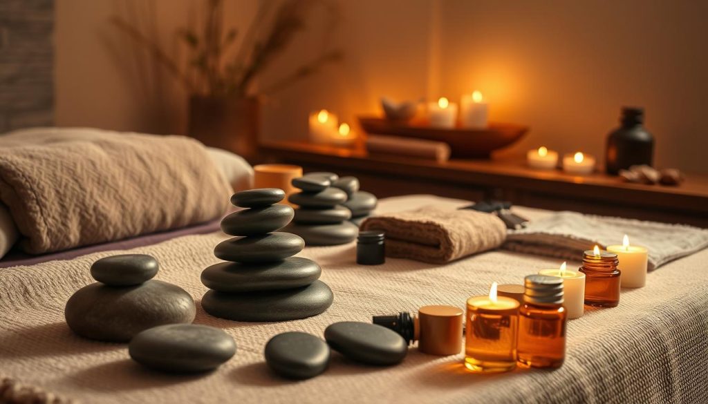A serene spa setting with various massage modalities and tools displayed. Soft, warm lighting casts a tranquil glow, highlighting the diverse array of massage techniques. Plush, inviting textures and muted tones create a soothing ambiance. Prominently featured are massage stones, essential oils, and other therapeutic implements, conveying the range of specialized massages available. The composition emphasizes the focus on personalized, holistic wellness, encouraging the viewer to consider which massage style would best suit their needs.