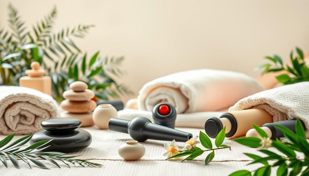 A serene spa setting with various massage modalities elegantly displayed. Soft, diffused lighting highlights the diverse massage tools and techniques - from soothing hot stones to deep-kneading percussion massagers. Tranquil greenery and natural elements create a calming ambiance, conveying the therapeutic benefits of each specialized massage. The composition emphasizes the range of restorative options available to address different stress levels and individual needs. Crisp, high-resolution details showcase the mastery of skilled massage therapists.