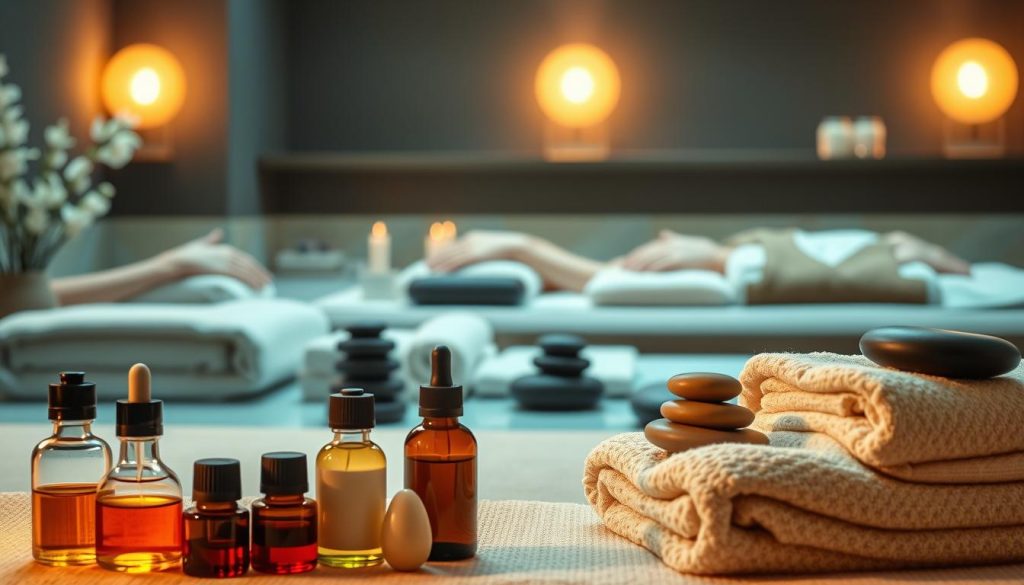 A serene spa setting with various massage modalities showcased. In the foreground, a collection of essential oils, massage stones, and plush towels set the stage. The middle ground depicts a range of massage techniques, from deep tissue to hot stone, each with its own distinct hand positions and techniques. The background features a tranquil, dimly lit environment with soothing music playing, creating a calming ambiance. The lighting is soft and warm, casting a gentle glow across the scene. The overall composition conveys a sense of relaxation and rejuvenation, inviting the viewer to immerse themselves in the art of massage.