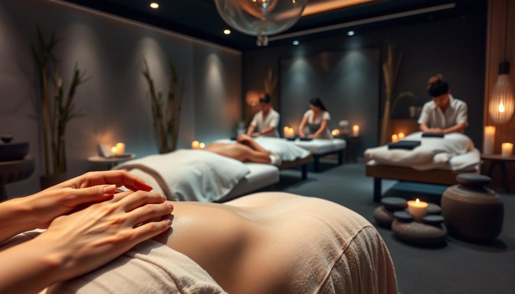 A serene spa setting with various massage techniques on display. In the foreground, hands gently kneading muscles, while in the middle ground, therapists demonstrate different modalities like deep tissue, hot stone, and aromatherapy massage. The background features a tranquil, dimly lit room with soft lighting, plush fabrics, and calming decor elements like bamboo, candles, and soothing water features. The overall atmosphere conveys a sense of relaxation, rejuvenation, and wellness, showcasing the diverse massage offerings available in Istanbul.