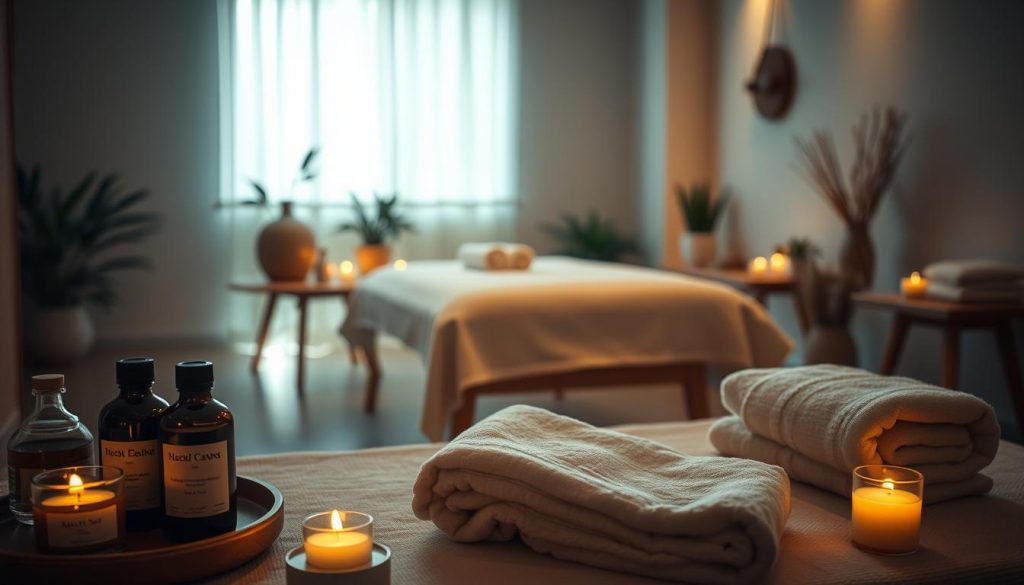 A serene, tranquil scene of a dimly lit massage studio in Istanbul, Turkey. The foreground showcases a collection of massage oils, candles, and soft towels, inviting the viewer to imagine the soothing touch of a skilled masseuse. The middle ground features a massage table draped in crisp, white linens, casting a warm, inviting glow. The background depicts a calming, minimalist decor with neutral tones and natural elements, such as potted plants and wooden accents, creating a harmonious, spa-like atmosphere. The lighting is soft and diffused, setting the mood for a restorative and rejuvenating massage experience. The overall impression is one of relaxation, wellness, and the holistic care offered by the skilled masseuses of Istanbul.