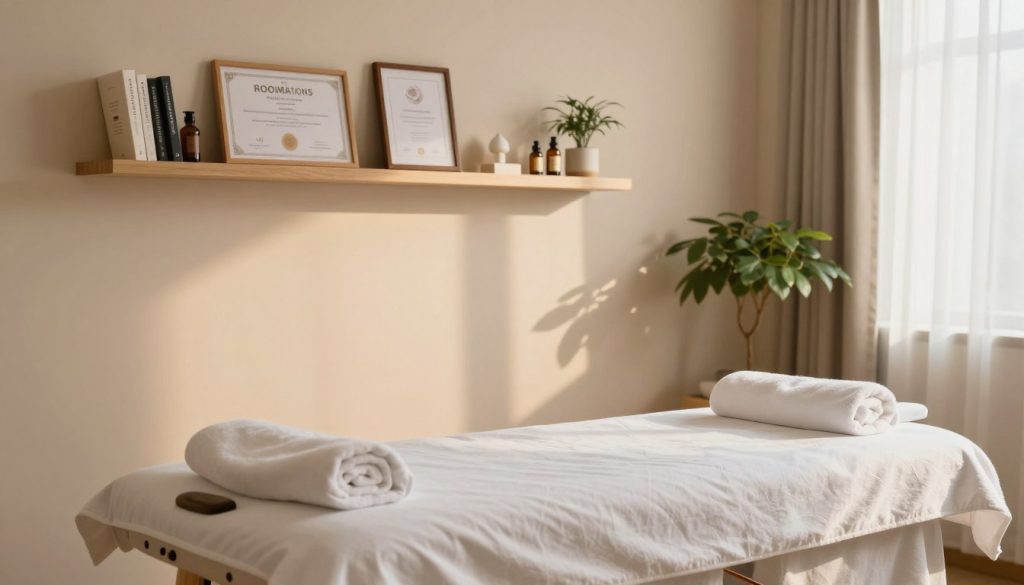 A serene, tranquil therapy room in a professional massage clinic, showcasing an elegantly arranged space. In the foreground, a neatly made massage table with clean linens and calming decorative elements like soft towels and essential oil bottles. The middle layer includes a tastefully decorated wall with framed certificates and a shelf featuring holistic therapy books, conveying professionalism. In the background, gentle lighting creates a warm ambiance, with soft shadows enhancing the inviting atmosphere. A potted plant adds a touch of life to the corner, while sheer curtains diffuse natural light, casting a peaceful glow. The overall mood is calming and reassuring, emphasizing the importance of expert selection in the therapeutic process. A serene, tranquil therapy room in a professional massage clinic, showcasing an elegantly arranged space. In the foreground, a neatly made massage table with clean linens and calming decorative elements like soft towels and essential oil bottles. The middle layer includes a tastefully decorated wall with framed certificates and a shelf featuring holistic therapy books, conveying professionalism. In the background, gentle lighting creates a warm ambiance, with soft shadows enhancing the inviting atmosphere. A potted plant adds a touch of life to the corner, while sheer curtains diffuse natural light, casting a peaceful glow. The overall mood is calming and reassuring, emphasizing the importance of expert selection in the therapeutic process.