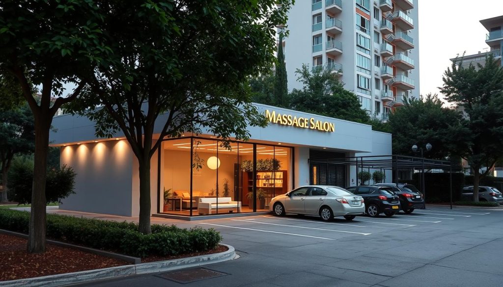 A serene urban landscape in Şile, Istanbul, where a modern, well-appointed massage salon stands prominently, its exterior inviting with clean lines and warm lighting. The building is nestled among lush greenery, with a spacious parking area nearby, ensuring easy accessibility for visitors. The scene conveys a sense of tranquility and relaxation, hinting at the soothing experiences awaiting within the salon's welcoming embrace. The image captures the essence of this prime location, highlighting the convenience and comfort it offers to those seeking a rejuvenating escape in the heart of Şile.