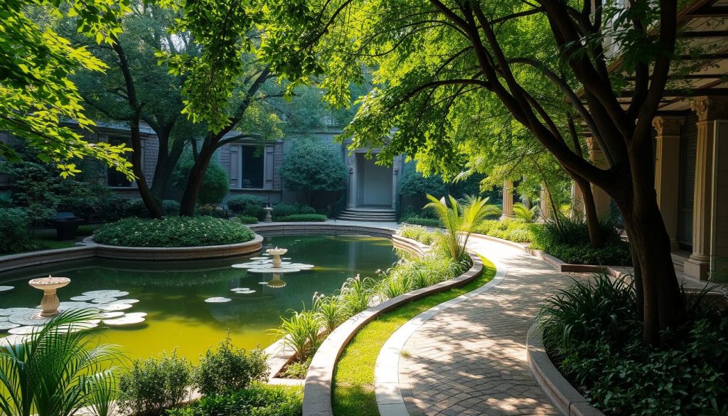 A serene urban sanctuary, a hidden oasis within the bustling metropolis of Istanbul. Lush greenery and tranquil ponds surround you, muffling the distant sounds of the city. Soft natural light filters through the canopy, casting a warm, soothing glow. Ornate stone pathways wind through the tranquil grounds, inviting you to wander and immerse yourself in the calming atmosphere. Architectural details blend seamlessly with the natural landscape, creating a harmonious and restorative environment. This is a place of respite, where the stresses of the outside world melt away, leaving you in a state of peaceful contemplation.