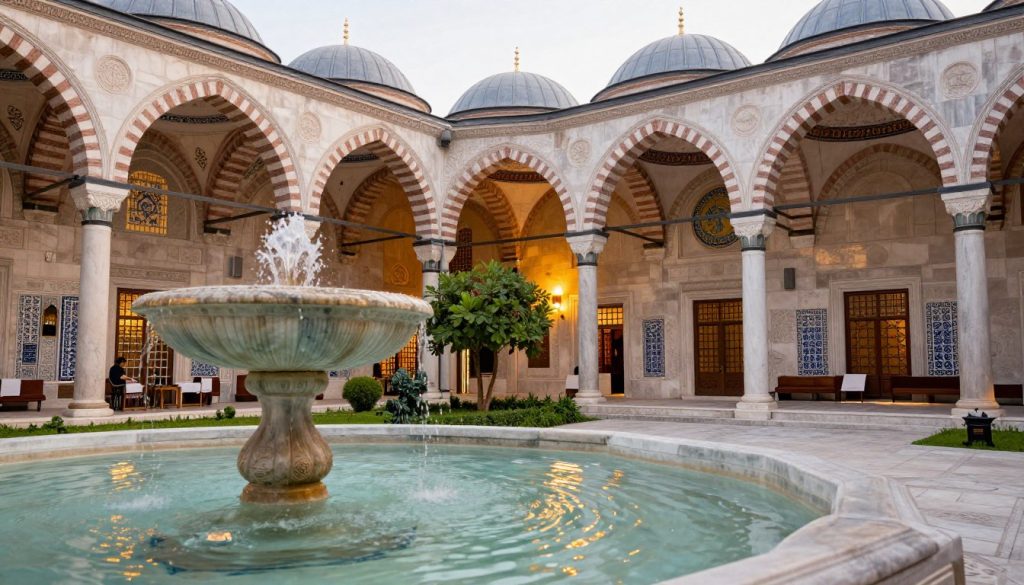 A serene view of Hürrem Sultan Hamamı, showcasing its stunning Ottoman architectural features, including intricate stone carvings and large, domed ceilings. In the foreground, elegant marble fountains with rippling water reflect soft, ambient light. The middle ground highlights the luxurious interior, adorned with ornate mosaics and warm, inviting colors. The background reveals a tranquil garden setting, featuring lush greenery and traditional Turkish tiles. The scene is bathed in soft, warm lighting, creating a peaceful and relaxing atmosphere, ideal for a massage retreat. The composition emphasizes the grandeur of the hamam alongside the ambiance of a premier massage center in Istanbul, inviting patrons to experience relaxation and tranquility. A serene view of Hürrem Sultan Hamamı, showcasing its stunning Ottoman architectural features, including intricate stone carvings and large, domed ceilings. In the foreground, elegant marble fountains with rippling water reflect soft, ambient light. The middle ground highlights the luxurious interior, adorned with ornate mosaics and warm, inviting colors. The background reveals a tranquil garden setting, featuring lush greenery and traditional Turkish tiles. The scene is bathed in soft, warm lighting, creating a peaceful and relaxing atmosphere, ideal for a massage retreat. The composition emphasizes the grandeur of the hamam alongside the ambiance of a premier massage center in Istanbul, inviting patrons to experience relaxation and tranquility.