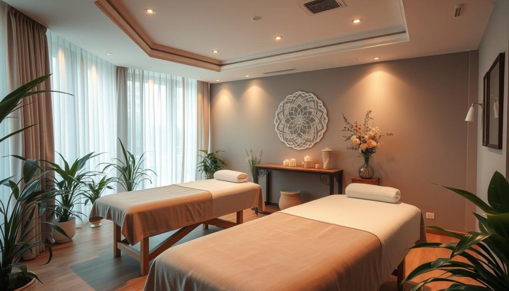 A serene, well-appointed massage parlor in Istanbul, with soft lighting, calming colors, and plush, inviting massage tables. Luxurious fabrics and plants create a tranquil, spa-like atmosphere. The space exudes professionalism and attention to detail, reflecting a commitment to providing a high-quality, trustworthy massage experience. The scene is captured from a slightly elevated angle, allowing the viewer to take in the full ambiance of the setting. The image conveys a sense of relaxation, comfort, and the promise of a rejuvenating massage therapy session.