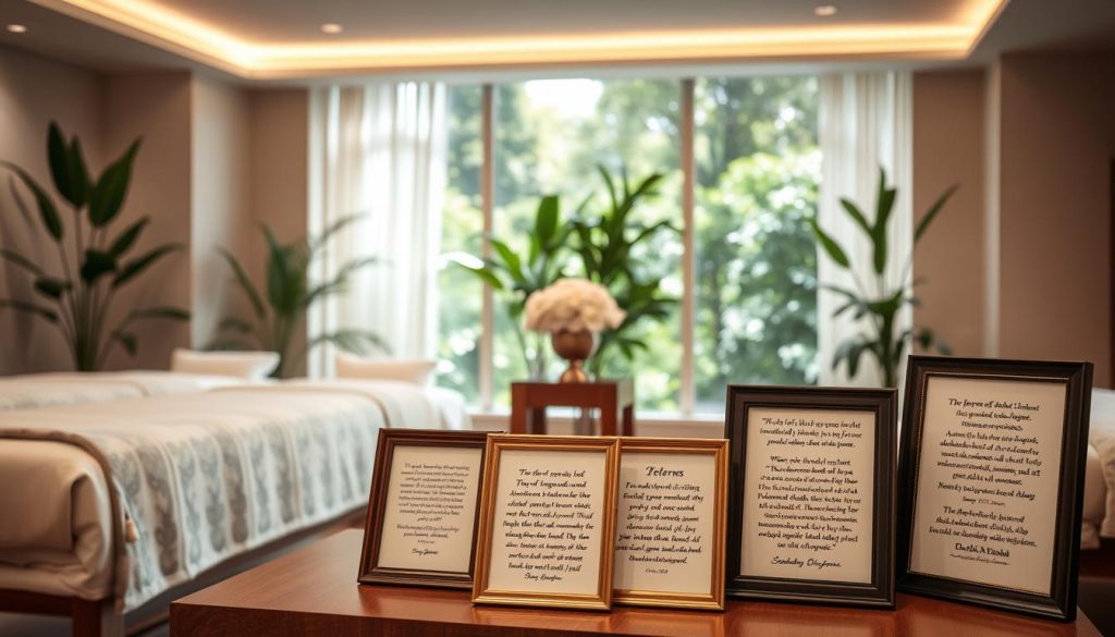 A serene, well-appointed spa setting with plush massage tables, calming natural lighting, and lush greenery in the background. The foreground features a collection of framed testimonials and referrals from satisfied clients, showcasing their positive experiences with the professional services. The overall atmosphere exudes a sense of tranquility, care, and attention to detail, reflecting the high-quality experience offered by the Fizyoterapist Masaj İstanbul practice.