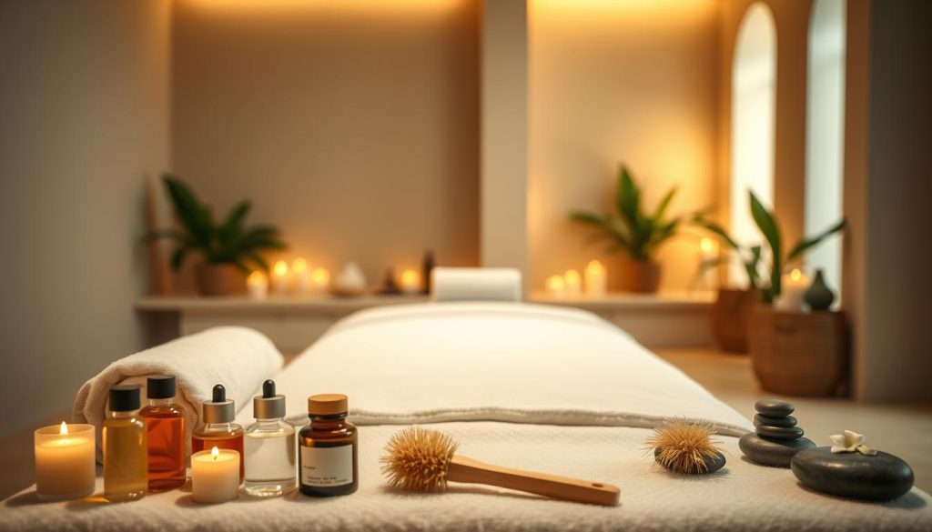 A serene, well-appointed spa setting with plush towels, aromatic candles, and soothing natural elements like stones and greenery. The lighting is warm and diffused, creating a calming ambiance. The foreground features a neatly arranged array of spa essentials, including massage oils, brushes, and other holistic treatment tools. The middle ground showcases a minimalist, clean-lined treatment table, inviting the viewer to envision a relaxing, hygienic massage experience. The background features soft, blurred architectural details that suggest a high-end, professional spa environment. The overall composition conveys a sense of tranquility, luxury, and attention to personal care.