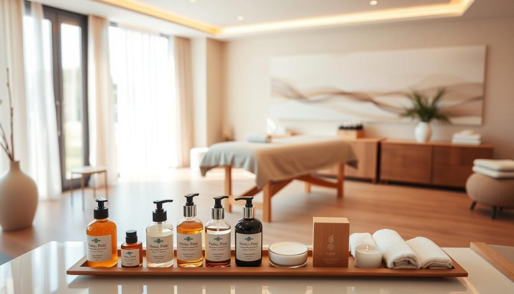 A serene, well-lit interior of a massage therapy studio. The space is filled with natural light, calming earth tones, and elegant minimalist furnishings. In the foreground, a display of neatly arranged massage oils, lotions, and tools, exuding a sense of professionalism and attention to detail. In the middle ground, a massage table draped with soft, plush linens, inviting the viewer to experience the tranquility and restorative power of the space. The background features a subtle, abstract mural or artwork that enhances the soothing ambiance. The overall atmosphere conveys a sense of expertise, care, and the ability to promote physical and mental well-being through the skilled hands of certified massage therapists.
