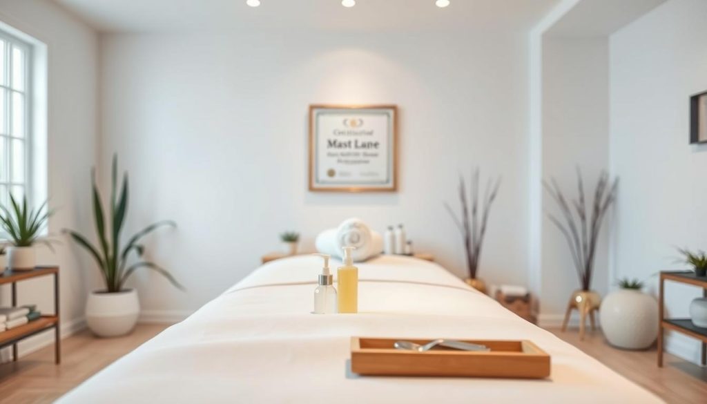 A serene, well-lit interior of a professional massage therapy salon. The foreground features an inviting massage table with crisp white linens, neatly arranged massage oils and lotions, and a set of clean, sanitized tools. The middle ground showcases a wall-mounted certificate of excellence, highlighting the therapists' credentials and education. The background depicts a calming, minimalist decor with soft lighting, soothing neutral tones, and subtle plant life, conveying a sense of tranquility, hygiene, and professionalism. A serene, well-lit interior of a professional massage therapy salon. The foreground features an inviting massage table with crisp white linens, neatly arranged massage oils and lotions, and a set of clean, sanitized tools. The middle ground showcases a wall-mounted certificate of excellence, highlighting the therapists' credentials and education. The background depicts a calming, minimalist decor with soft lighting, soothing neutral tones, and subtle plant life, conveying a sense of tranquility, hygiene, and professionalism.