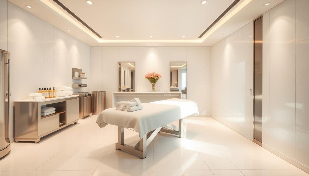 A serene, well-lit treatment room in a modern, luxurious spa. Pristine, white-tiled floors and walls, with sleek, stainless-steel fixtures and equipment. A plush massage table takes center stage, surrounded by neatly arranged towels, oils, and sanitizing supplies. Soft, diffused lighting emanates from recessed ceiling fixtures, creating a calming, hygienic ambiance. The room is meticulously clean, with a subtle floral aroma wafting through the air, conveying the highest standards of hygiene and professionalism. The overall scene exudes a sense of tranquility, comfort, and unwavering attention to detail.