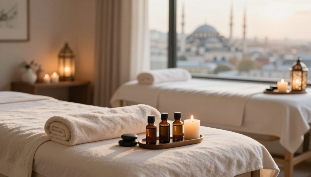 A serene wellness scene focusing on a massage therapy setting in Istanbul, highlighting a luxurious massage table adorned with soft, plush towels and aromatic candles. In the foreground, a beautifully arranged assortment of essential oils and massage stones reflects a calming atmosphere. The middle ground features a tranquil spa ambiance with soft, diffused lighting from elegant lanterns, setting a relaxing tone. In the background, a window reveals a picturesque view of Istanbul's skyline, with soft sunlight streaming in, adding warmth to the scene. The overall mood is peaceful and inviting, ideal for illustrating a weekly massage routine that emphasizes relaxation and self-care. The image is devoid of any human figures and text, ensuring a focus on the tranquil environment.