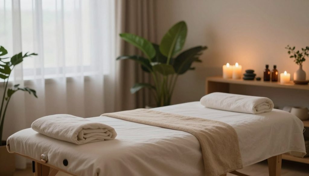 A serene wellness space designed for massage therapy, featuring a plush massage table in the foreground draped with soft, natural fabrics. Surrounding the table, delicate candles emit a warm, flickering light, creating a calm and soothing ambiance. In the middle ground, lush green plants add a touch of tranquility, while a wooden shelf displays aromatic oils and gentle stones. The background showcases a softly lit window with sheer curtains, allowing natural light to filter through, enhancing the peaceful atmosphere. The overall color palette includes soft earth tones and gentle pastels, evoking a sense of relaxation and mental preparation for a rejuvenating massage experience.