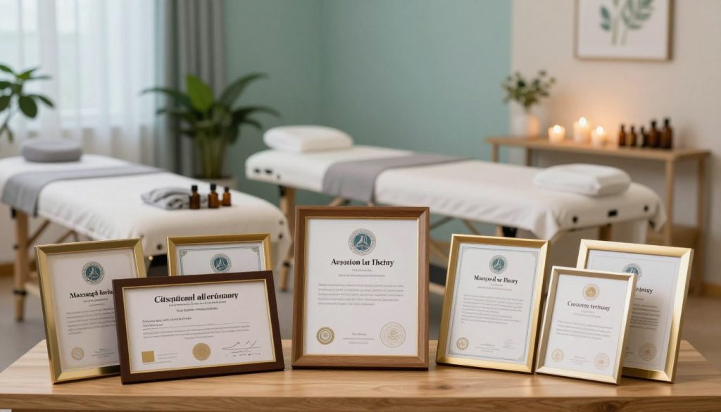A serene wellness studio filled with calming elements that reflect the role of certification in massage therapy. In the foreground, a beautifully arranged display of various massage therapy certificates framed elegantly on a wooden table. In the middle background, soft lighting illuminates a tranquil massage room with neatly made treatment beds, essential oils, and calming decor, such as plants and candles. The ambiance is tranquil, promoting relaxation and professionalism, with a color palette of soft blues and greens. The lighting is warm and inviting, creating an atmosphere of trust and credibility. No humans are present, focusing solely on the certificates and the therapeutic environment. A serene wellness studio filled with calming elements that reflect the role of certification in massage therapy. In the foreground, a beautifully arranged display of various massage therapy certificates framed elegantly on a wooden table. In the middle background, soft lighting illuminates a tranquil massage room with neatly made treatment beds, essential oils, and calming decor, such as plants and candles. The ambiance is tranquil, promoting relaxation and professionalism, with a color palette of soft blues and greens. The lighting is warm and inviting, creating an atmosphere of trust and credibility. No humans are present, focusing solely on the certificates and the therapeutic environment.