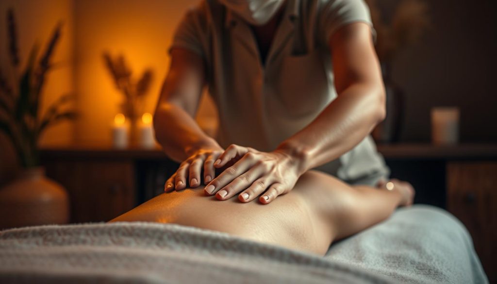 A skilled massage therapist, hands expertly kneading muscles, in a serene, dimly lit room. Warm, ambient lighting casts a soft, tranquil glow. The therapist's face is not shown, emphasizing their professionalism and dedication to the client's wellbeing. The room is tastefully decorated with natural elements, creating a soothing, spa-like atmosphere. The focus is on the therapist's skilled, attentive touch, conveying the power of personalized, high-quality treatment. A skilled massage therapist, hands expertly kneading muscles, in a serene, dimly lit room. Warm, ambient lighting casts a soft, tranquil glow. The therapist's face is not shown, emphasizing their professionalism and dedication to the client's wellbeing. The room is tastefully decorated with natural elements, creating a soothing, spa-like atmosphere. The focus is on the therapist's skilled, attentive touch, conveying the power of personalized, high-quality treatment.
