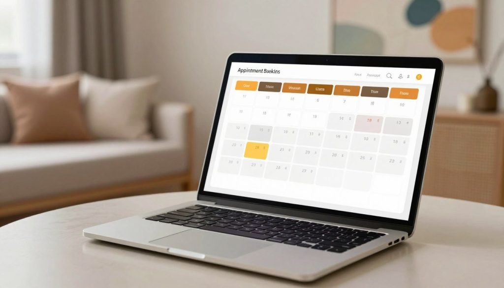 A sleek, modern digital interface representing an online appointment booking system for a massage service. In the foreground, a sophisticated laptop is open, displaying a vibrant and user-friendly scheduling calendar with highlighted available slots. The middle ground features soft, inviting décor typical of a massage therapy room, like a calming color palette and plush cushions. In the background, soothing abstract art or nature-inspired imagery enhances the serene atmosphere. The scene is bathed in soft, natural lighting to evoke a sense of tranquility. The angle should provide a slightly elevated perspective that showcases the laptop alongside the comforting room environment, creating a seamless blend of technology and relaxation. The overall mood should feel professional yet inviting, perfect for potential clients exploring the appointment process.