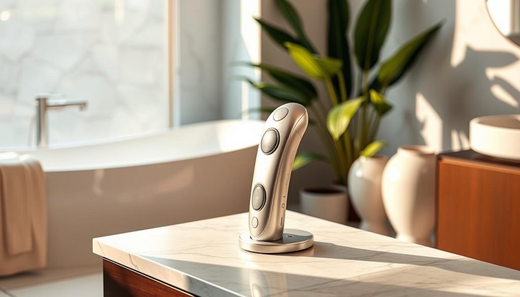 A sleek, modern electric skin care device stands prominently on a marble countertop, its streamlined silver body gleaming under warm, natural lighting. Intricate controls and interfaces are visible, hinting at its advanced technological capabilities. In the background, a serene, minimalist bathroom setting provides a calming, spa-like atmosphere, with lush greenery and muted colors complementing the device's sophisticated design. The overall composition conveys a sense of luxurious, high-end skincare, perfectly suited for an article highlighting the variety of cellulite massage tools available in Istanbul.