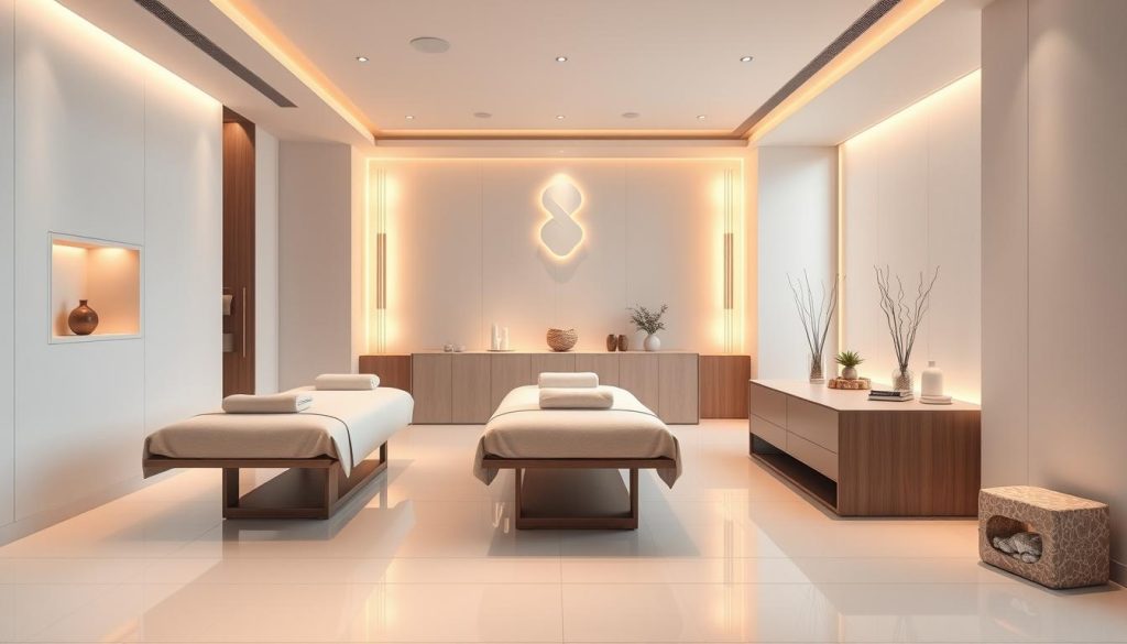 A sleek, modern interior of a high-end massage salon, bathed in warm, soft lighting. Pristine, white-tiled floors and walls create a sense of cleanliness and tranquility. Elegant, minimalist furniture in muted tones accentuate the serene ambiance. Plush, inviting massage tables take center stage, surrounded by discreet storage compartments and soothing aromatherapy diffusers. Soft, natural textures and materials, such as wood and stone, add depth and tactility to the space. The overall atmosphere evokes a feeling of pampering, relaxation, and well-being, perfect for a rejuvenating massage experience. A sleek, modern interior of a high-end massage salon, bathed in warm, soft lighting. Pristine, white-tiled floors and walls create a sense of cleanliness and tranquility. Elegant, minimalist furniture in muted tones accentuate the serene ambiance. Plush, inviting massage tables take center stage, surrounded by discreet storage compartments and soothing aromatherapy diffusers. Soft, natural textures and materials, such as wood and stone, add depth and tactility to the space. The overall atmosphere evokes a feeling of pampering, relaxation, and well-being, perfect for a rejuvenating massage experience.