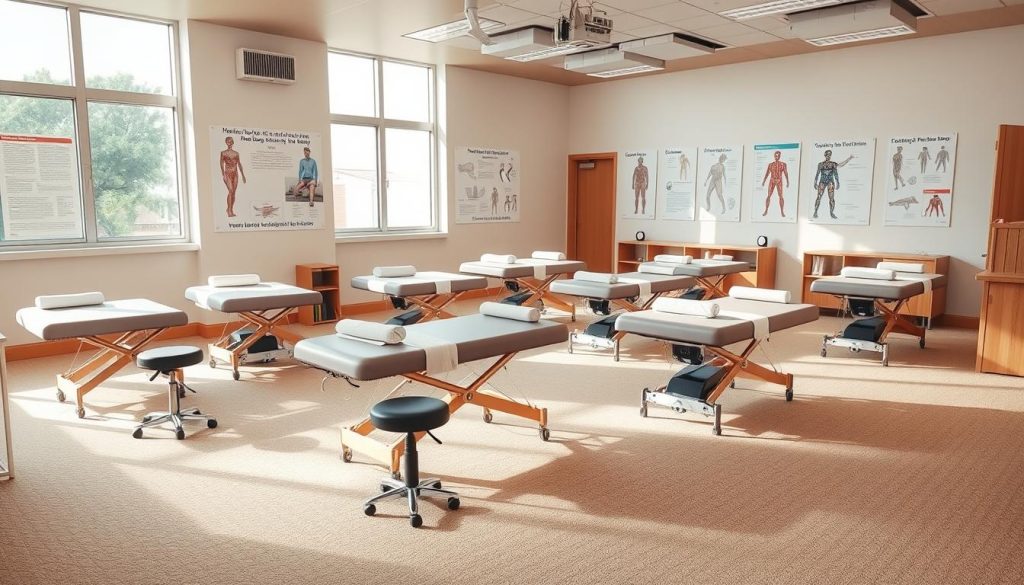 A spacious classroom filled with modern massage equipment, including massage tables and stools. The room is well-lit with natural light streaming through large windows, creating a warm and inviting atmosphere. The walls are adorned with educational posters and diagrams, showcasing the proper techniques and principles of massage therapy. The floor is covered in a soft, plush carpet, providing a comfortable environment for hands-on practice. The overall scene conveys a sense of professionalism and attention to detail, reflecting the high standards of the approved Massage Education program from the Ministry of National Education.