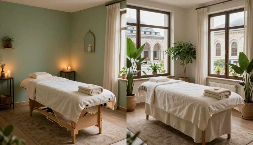 A split image showcasing two distinct massage treatment spaces in Istanbul. On the left, a serene 30-minute massage area featuring a comfortable massage table, soothing ambient light, and calming decor like candles and soft fabrics, evoking a sense of tranquility. The color palette includes soft greens and creams. On the right, an inviting 60-minute massage room with a larger table, plush towels, and gentle natural light streaming through a large window, filled with plants that enhance the calming atmosphere. The background suggests Istanbul's unique architecture, blending tradition and modernity, but no people present. The overall mood is peaceful and luxurious, inviting viewers into the relaxing experience of massage therapy.