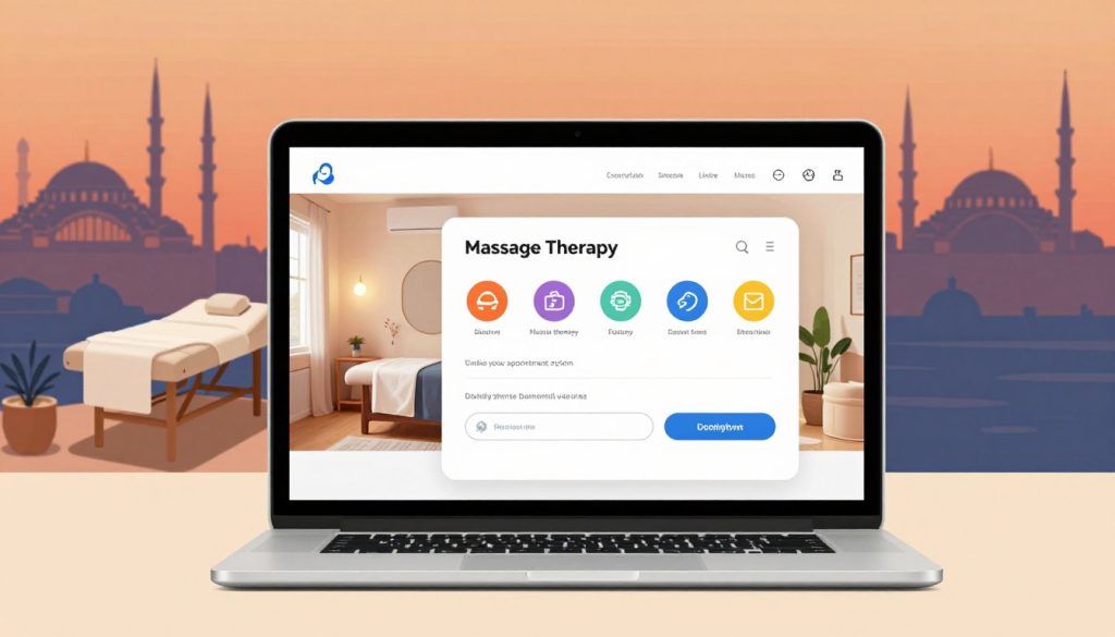 A stylized digital illustration showcasing a modern online appointment system for massage therapy in Istanbul. The foreground features a sleek laptop displaying a user-friendly booking interface with vibrant icons and smooth navigation. In the middle, a cozy therapy room is hinted at, featuring calming elements like soft lighting, soothing colors, and minimalist decor. The background presents an abstract representation of the city skyline of Istanbul, with iconic landmarks subtly integrated into the scene. The overall mood is serene and professional, emphasizing efficiency and relaxation. Use warm, inviting lighting to create a peaceful atmosphere. The composition should be well-balanced, focusing on the online aspect without any human presence or text overlays. A stylized digital illustration showcasing a modern online appointment system for massage therapy in Istanbul. The foreground features a sleek laptop displaying a user-friendly booking interface with vibrant icons and smooth navigation. In the middle, a cozy therapy room is hinted at, featuring calming elements like soft lighting, soothing colors, and minimalist decor. The background presents an abstract representation of the city skyline of Istanbul, with iconic landmarks subtly integrated into the scene. The overall mood is serene and professional, emphasizing efficiency and relaxation. Use warm, inviting lighting to create a peaceful atmosphere. The composition should be well-balanced, focusing on the online aspect without any human presence or text overlays.
