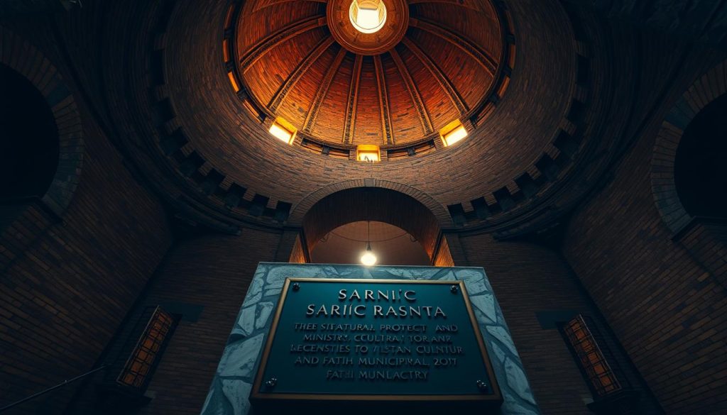 A towering sarnıç, or historic water cistern, standing solemnly in the heart of Istanbul's Fatih district. The massive brick and stone structure, its domed ceilings and intricate architectural details captured in a cinematic, low-angle perspective. Warm, golden light filters through the arched entryways, casting dramatic shadows and highlighting the weathered, time-worn surfaces. In the foreground, a meticulously detailed plaque or signage denotes the building's protected status and the decisions made by the Ministry of Culture and Tourism, and the Fatih Municipality, to preserve this iconic piece of the city's storied past. The atmosphere is one of reverence and historical significance, befitting the subject's role in the article's exploration of Istanbul's cultural renewal.