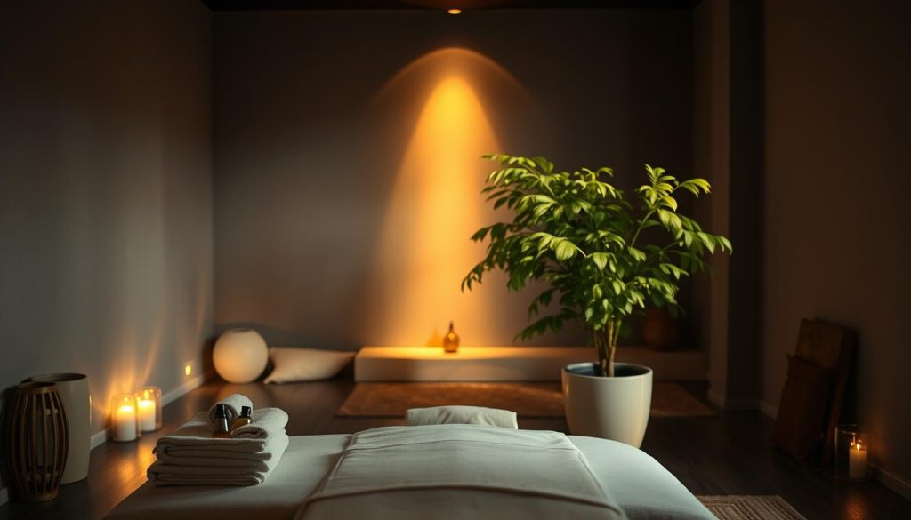 A tranquil Thai massage studio in Istanbul, dimly lit with warm, natural lighting casting a soft glow. The foreground features a low massage table draped in crisp white linens, with folded towels and massage oils neatly arranged. In the middle ground, a large potted plant adds a soothing, natural element, its lush, verdant leaves swaying gently. The background depicts a serene, minimalist space with muted gray walls, a few pieces of simple, zen-inspired furniture, and a subtle, calming ambiance evoked through the careful use of lighting and shadows. The overall scene conveys a sense of relaxation, renewal, and the therapeutic power of touch.