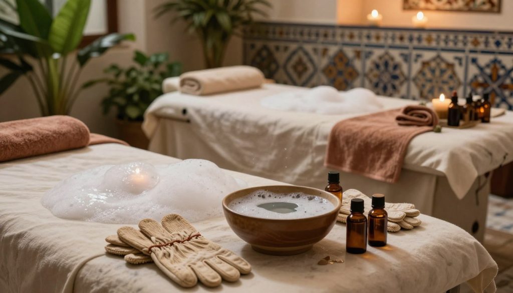 A tranquil Turkish bath scene showcasing the traditional kese köpük masajı, with glistening bubbles reflecting soft candlelight. In the foreground, a beautifully arranged set of natural exfoliating gloves and a bowl of soapy water, surrounded by aromatic essential oils. The middle ground features a marble massage table, adorned with plush towels in warm, earthy tones. Lush green plants provide a calming touch, while ornate tiles in the background hint at the rich culture of İstanbul. The atmosphere is soothing and serene, illuminated by gentle, ambient lighting. The angle captures a wide view, emphasizing the harmonious blend of design and relaxation, evoking a sense of traditional cleansing and wellness.