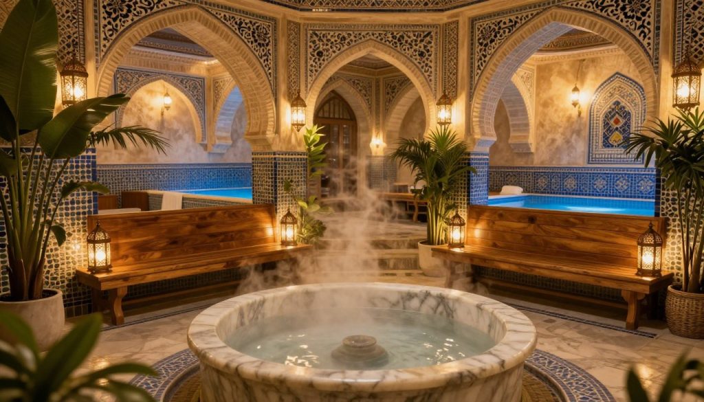 A tranquil Turkish spa interior, showcasing an opulent hamam with intricate mosaic tiles and soft, diffused lighting that creates an inviting atmosphere. The foreground features a beautifully arranged marble basin with steam rising gently above it, while lush green plants add a touch of nature. In the middle, traditional wooden benches and ornate lanterns set the mood, creating a sense of relaxation and serenity. The background reveals elegant archways leading to well-lit wet areas with calming blue tiles, enhancing the spa's luxurious ambiance. The entire scene is bathed in warm golden hues, evoking a soothing experience, without any human presence or text elements. A tranquil Turkish spa interior, showcasing an opulent hamam with intricate mosaic tiles and soft, diffused lighting that creates an inviting atmosphere. The foreground features a beautifully arranged marble basin with steam rising gently above it, while lush green plants add a touch of nature. In the middle, traditional wooden benches and ornate lanterns set the mood, creating a sense of relaxation and serenity. The background reveals elegant archways leading to well-lit wet areas with calming blue tiles, enhancing the spa's luxurious ambiance. The entire scene is bathed in warm golden hues, evoking a soothing experience, without any human presence or text elements.