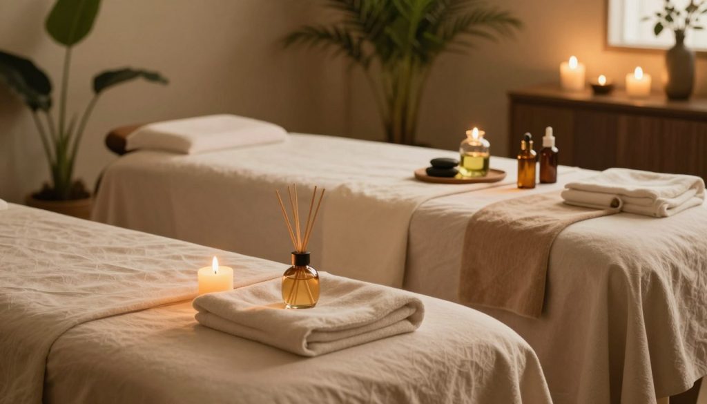 A tranquil and inviting double massage setting, featuring two elegantly arranged massage tables adorned with soft, luxurious linens. The foreground showcases calming aromatherapy elements, such as essential oil diffusers and gently flickering candles casting warm, golden light. In the middle ground, visible bottles of herbal oils and soothing stones are artistically placed, emphasizing wellness and relaxation. The background is a serene spa environment with lush green plants and a softly lit ambiance, creating a feeling of harmony and escape. The overall mood is peaceful and rejuvenating, inviting couples to indulge in a contemporary massage experience. Capture the essence of modern spa trends in a serene atmosphere, focusing on elegance and tranquility, without any human figures present. A tranquil and inviting double massage setting, featuring two elegantly arranged massage tables adorned with soft, luxurious linens. The foreground showcases calming aromatherapy elements, such as essential oil diffusers and gently flickering candles casting warm, golden light. In the middle ground, visible bottles of herbal oils and soothing stones are artistically placed, emphasizing wellness and relaxation. The background is a serene spa environment with lush green plants and a softly lit ambiance, creating a feeling of harmony and escape. The overall mood is peaceful and rejuvenating, inviting couples to indulge in a contemporary massage experience. Capture the essence of modern spa trends in a serene atmosphere, focusing on elegance and tranquility, without any human figures present.
