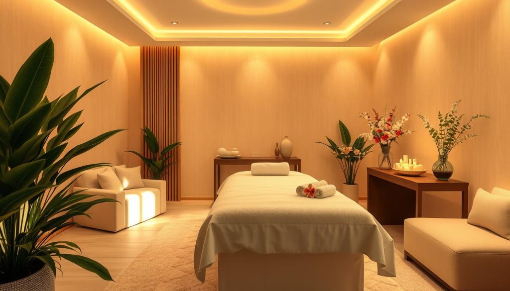A tranquil and luxurious massage therapy room, bathed in warm, soft lighting that creates a serene and inviting atmosphere. The space features plush, neutral-toned furnishings, including a comfortable massage table draped with crisp, white linens. Lush, verdant plants and flowers add a touch of natural beauty, complementing the soothing ambiance. The room's layout is designed to promote a sense of privacy and personalization, with ample space for the therapist to move around and customize the experience. The overall composition conveys a high-end, professional setting dedicated to providing a tailored, rejuvenating massage therapy session.