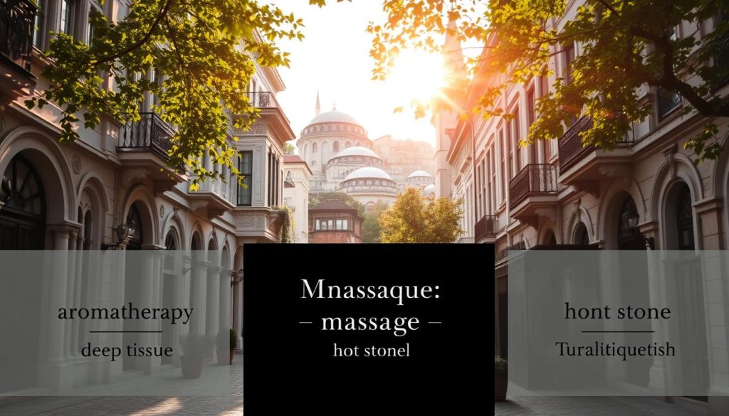 A tranquil cityscape of Istanbul's distinct districts, each offering a unique array of massage and spa experiences. Elegant Ottoman-inspired architecture frames the serene scene, where sunlight filters through lush foliage, casting warm hues upon the cobblestone streets below. In the foreground, a variety of massage modalities are discretely showcased - aromatherapy, deep tissue, hot stone, and traditional Turkish techniques - inviting the viewer to indulge in a rejuvenating VIP wellness journey. The overall ambiance evokes a sense of timeless luxury, where visitors can escape the bustling city and immerse themselves in personalized pampering across Istanbul's diverse neighborhoods.