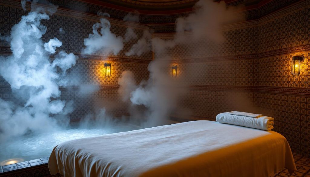 A tranquil, dimly-lit interior with ornate, intricate tilework adorning the walls and floors. Plumes of steam rise from a gently bubbling, tiled pool, creating a hazy, soothing atmosphere. Soft, ambient lighting casts a warm, relaxing glow, accentuating the rich textures and colors of the traditional Turkish bath setting. In the foreground, a luxurious, padded massage table stands ready, inviting the viewer to indulge in a restorative spa experience. The overall scene evokes a sense of calm, rejuvenation, and indulgence, perfectly capturing the essence of an "ataköy masaj güzellik merkezi" experience.