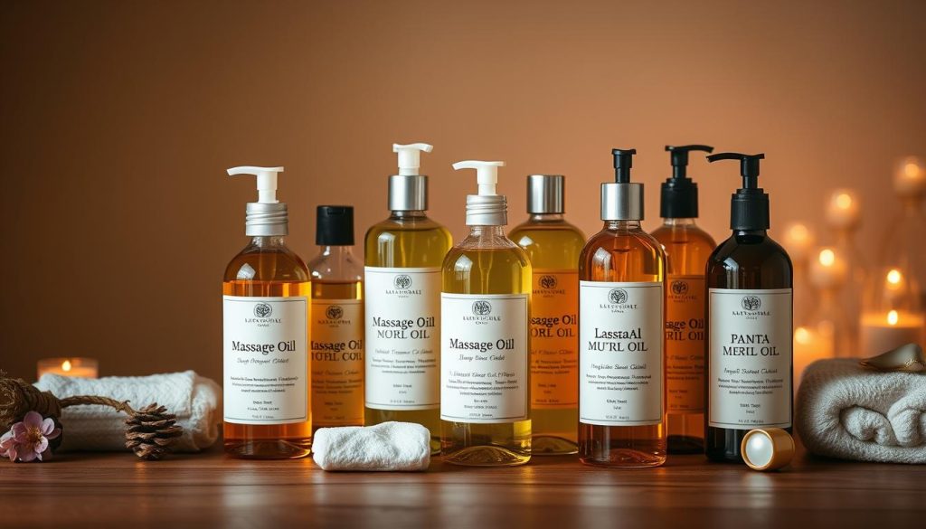 A tranquil display of massage oils, arranged with care on a wooden surface. The bottles gleam with a soft, inviting luster, their labels showcasing an array of natural scents and ingredients. The lighting is warm and diffused, creating a soothing, relaxing atmosphere. The composition is balanced, with the oils taking center stage, surrounded by a minimal background that allows the products to shine. The overall scene evokes a sense of serenity and the promise of a restorative massage experience. A tranquil display of massage oils, arranged with care on a wooden surface. The bottles gleam with a soft, inviting luster, their labels showcasing an array of natural scents and ingredients. The lighting is warm and diffused, creating a soothing, relaxing atmosphere. The composition is balanced, with the oils taking center stage, surrounded by a minimal background that allows the products to shine. The overall scene evokes a sense of serenity and the promise of a restorative massage experience.