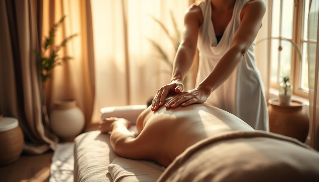A tranquil massage studio, filled with soothing natural light. Soft, draped fabrics in earthy tones create a serene ambiance. In the foreground, a massage therapist's hands gently knead into the back of a relaxed client, their connection radiating a sense of harmony between mind and body. In the background, subtle botanical elements suggest the restorative power of nature. The scene is bathed in a warm, diffused lighting, evoking a holistic, meditative atmosphere that captures the essence of the mind-body connection.
