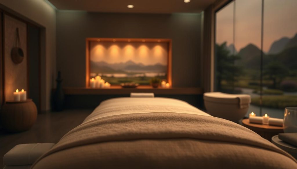 A tranquil massage therapy scene set in a serene spa-like environment. The foreground features a massage table draped in soft, plush linens, with neatly folded towels and a selection of essential oils nearby. The middle ground showcases a calming, dimly lit room with soothing ambient lighting, perhaps candles or a subtle overhead fixture. The background depicts a zen-inspired landscape, such as a serene garden or a peaceful nature scene, creating a harmonious and rejuvenating atmosphere. The overall mood is one of relaxation, renewal, and a sense of well-being. A tranquil massage therapy scene set in a serene spa-like environment. The foreground features a massage table draped in soft, plush linens, with neatly folded towels and a selection of essential oils nearby. The middle ground showcases a calming, dimly lit room with soothing ambient lighting, perhaps candles or a subtle overhead fixture. The background depicts a zen-inspired landscape, such as a serene garden or a peaceful nature scene, creating a harmonious and rejuvenating atmosphere. The overall mood is one of relaxation, renewal, and a sense of well-being.