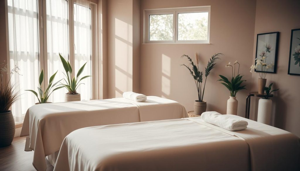 A tranquil massage therapy studio in Bakirkoy, with natural light streaming through large windows. Plush massage tables draped in crisp linens, surrounded by potted plants and soothing artwork on the walls. The atmosphere is one of calm and relaxation, with muted, earthy tones and a subtle floral scent in the air. Soft, diffused lighting casts a gentle glow, creating an inviting ambiance perfect for rejuvenating the body and mind. The scene evokes a sense of harmony, wellness, and the expertise of skilled Bakirkoy massage therapists.