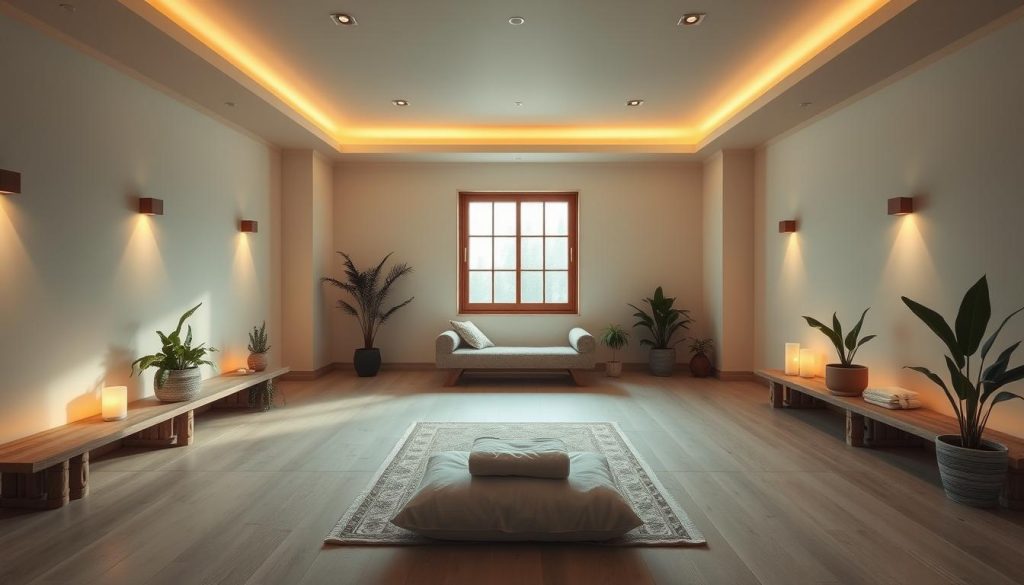 A tranquil meditation studio with soft lighting, calming colors, and natural elements. The space is designed with clean lines, natural wood and stone surfaces, and potted plants that create a serene atmosphere. Warm, diffused lighting from overhead fixtures casts a gentle glow, while a large window allows natural daylight to filter in, creating a harmonious balance. The room's layout is minimalist, with a comfortable chaise or daybed situated in the center, inviting visitors to relax and unwind. The overall feeling is one of quiet contemplation, where the senses are soothed and the mind can find its balance.