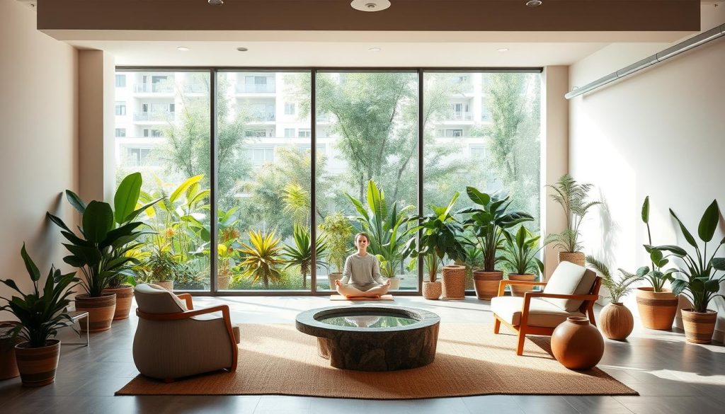 A tranquil office space with natural elements seamlessly integrated, promoting a sense of wellness and mindfulness. Soft, diffused lighting casts a warm glow, complementing the minimalist, yet inviting decor. A large, floor-to-ceiling window frames a lush, urban garden, blurring the boundaries between indoors and out. Ergonomic furniture and a designated meditation area create an environment conducive to physical and mental well-being. Potted plants, a water feature, and earthy tones evoke a serene, rejuvenating ambiance, inspiring employees to embrace holistic practices and balance their work-life integration. A tranquil office space with natural elements seamlessly integrated, promoting a sense of wellness and mindfulness. Soft, diffused lighting casts a warm glow, complementing the minimalist, yet inviting decor. A large, floor-to-ceiling window frames a lush, urban garden, blurring the boundaries between indoors and out. Ergonomic furniture and a designated meditation area create an environment conducive to physical and mental well-being. Potted plants, a water feature, and earthy tones evoke a serene, rejuvenating ambiance, inspiring employees to embrace holistic practices and balance their work-life integration.