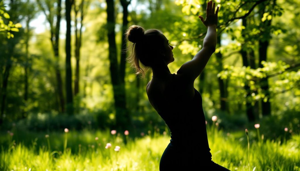 A tranquil scene of a person performing gentle stretching exercises, their body silhouetted against a serene natural backdrop. Soft natural lighting illuminates the figure, casting subtle shadows that highlight the fluid movements. The environment is a peaceful, sun-dappled forest or meadow, with lush greenery and the occasional blossoming wildflower adding pops of color. The overall mood is one of relaxation and mindfulness, inviting the viewer to immerse themselves in the restorative power of these simple, yet effective muscle-soothing movements.