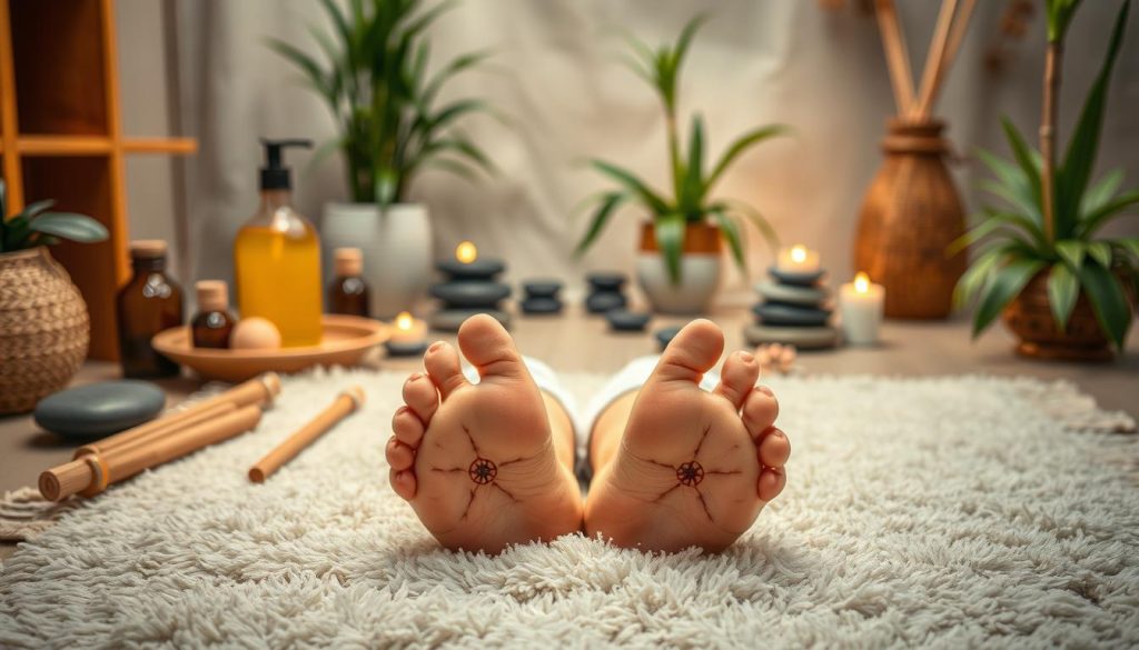 A tranquil scene of a traditional Turkish massage parlor, with a serene atmosphere of soft lighting and calming colors. The focus is on a pair of feet resting on a plush rug, surrounded by various massage tools and essential oils. The foreground features intricately detailed refleksoloji pressure points on the soles, while the background showcases a harmonious blend of natural elements such as smooth river stones, bamboo accents, and lush potted plants. The overall composition conveys a sense of balance, healing, and rejuvenation.
