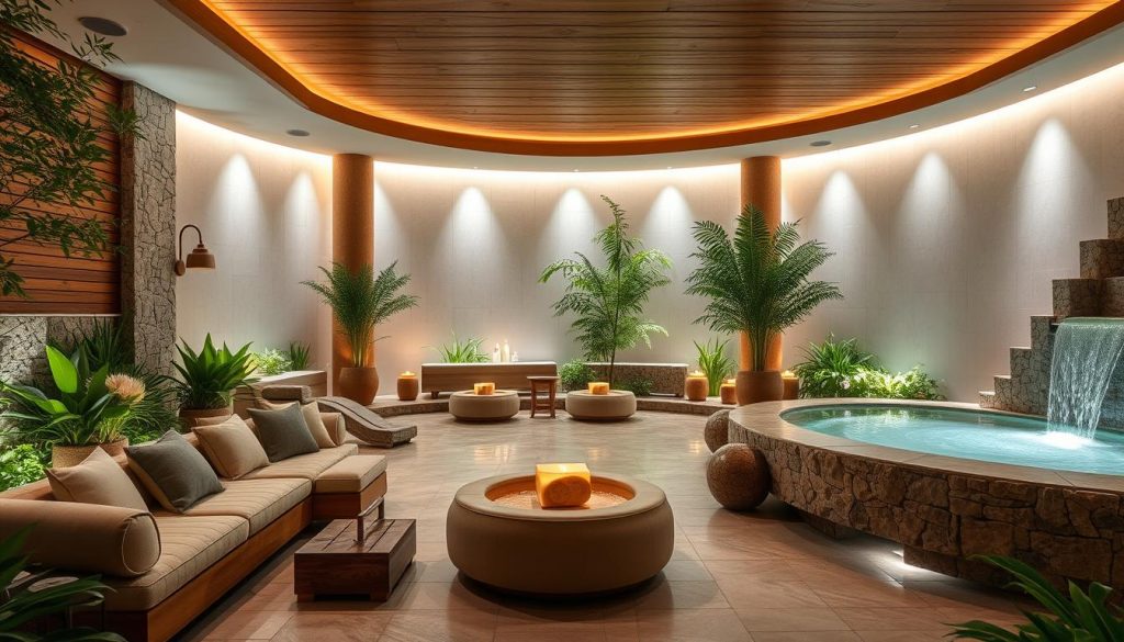 A tranquil spa atmosphere in Maltepe, with a serene and inviting ambiance. Soft, diffused lighting illuminates the space, creating a warm and calming atmosphere. The interior features natural materials like wood, stone, and lush greenery, evoking a sense of harmony with nature. Plush, comfortable seating areas invite guests to relax and unwind, while the soothing sounds of flowing water add to the overall sense of tranquility. The space exudes a sense of relaxation and rejuvenation, perfectly capturing the essence of the Maltepe spa experience.