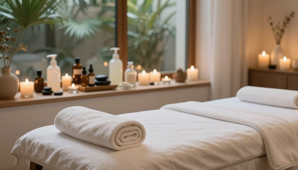 A tranquil spa experience in a luxurious setting, featuring a serene treatment room with soft, ambient lighting. The foreground includes a plush massage table adorned with fluffy white towels and fragrant candles, exuding a calming aroma. In the middle ground, a beautifully arranged display of natural spa products like essential oils and stones creates an inviting atmosphere. The background shows lush greenery through large windows, enhancing the sense of relaxation. The overall color palette is soothing, with soft earth tones and gentle pastels, contributing to a serene mood. The image captures the essence of rejuvenation and tranquility, ideal for a high-end spa in Istanbul. A tranquil spa experience in a luxurious setting, featuring a serene treatment room with soft, ambient lighting. The foreground includes a plush massage table adorned with fluffy white towels and fragrant candles, exuding a calming aroma. In the middle ground, a beautifully arranged display of natural spa products like essential oils and stones creates an inviting atmosphere. The background shows lush greenery through large windows, enhancing the sense of relaxation. The overall color palette is soothing, with soft earth tones and gentle pastels, contributing to a serene mood. The image captures the essence of rejuvenation and tranquility, ideal for a high-end spa in Istanbul.